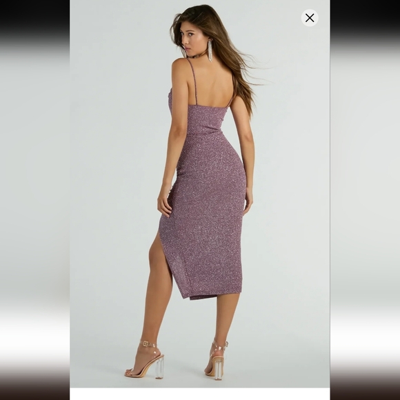 Windsor Kim Cowl Neck Bodycon Glitter Midi Dress Size Large Purple Dancewear - Picture 4 of 9